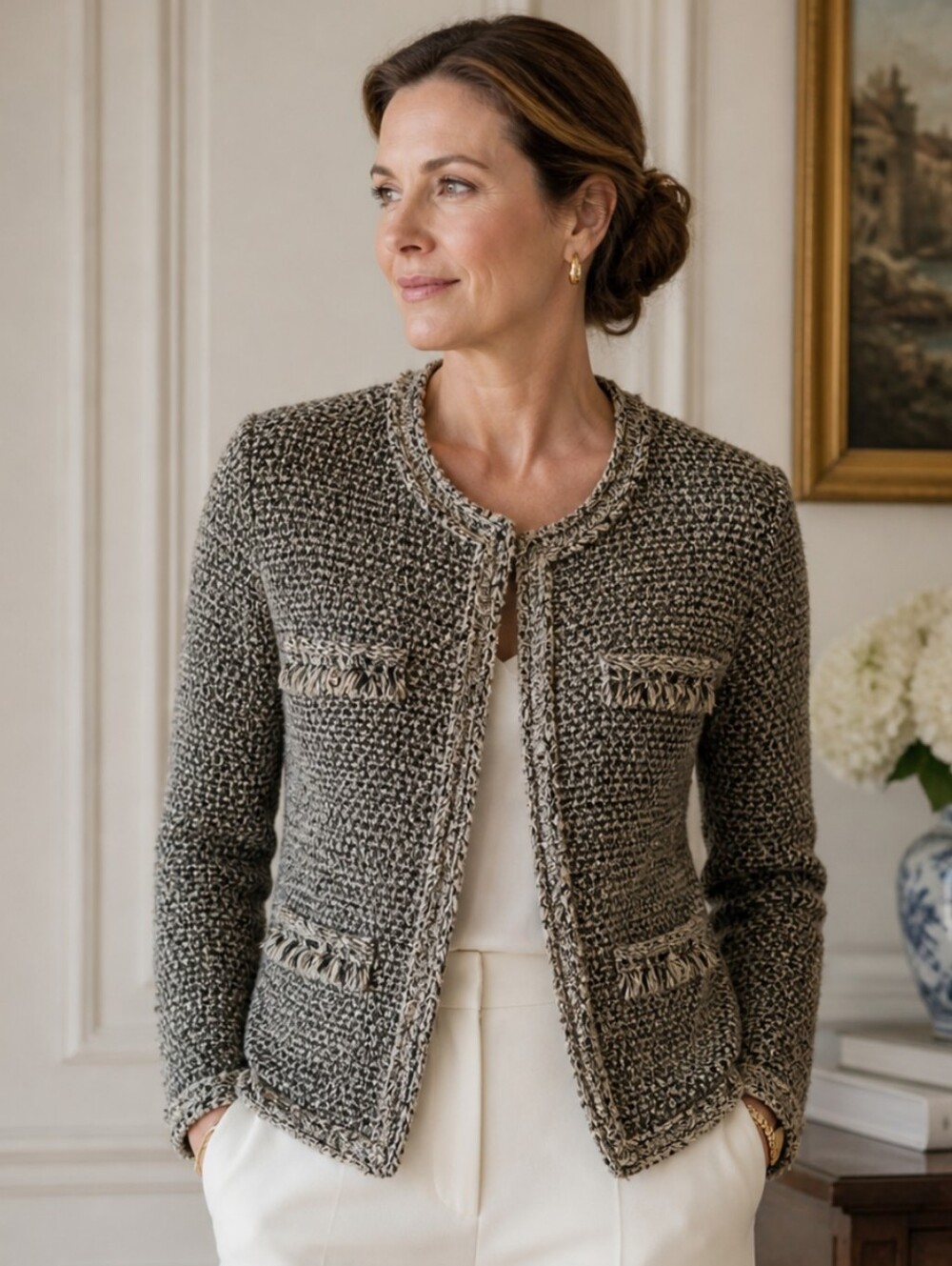 Joie linen blend Tweed fringe pockets lightweight neutral Luxury blazer sz XS